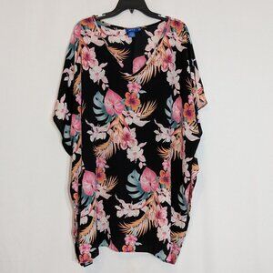 APT. 9 Black/Pink Floral Tropical V-Neck Poly Chiffon Kimono; Size 3X